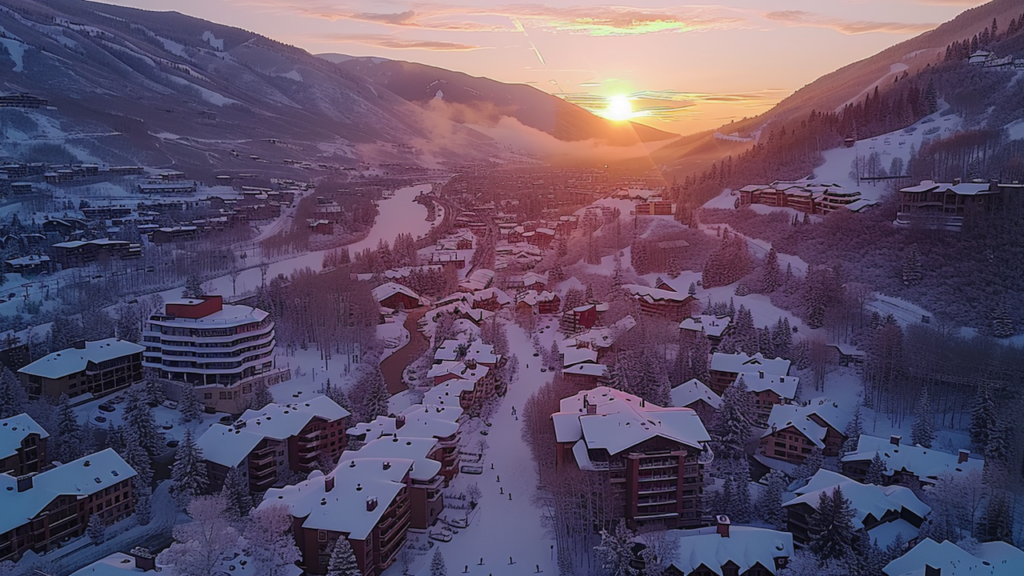 An aerial view of the snow-covered houses and ski hotels in Aspen, CO.