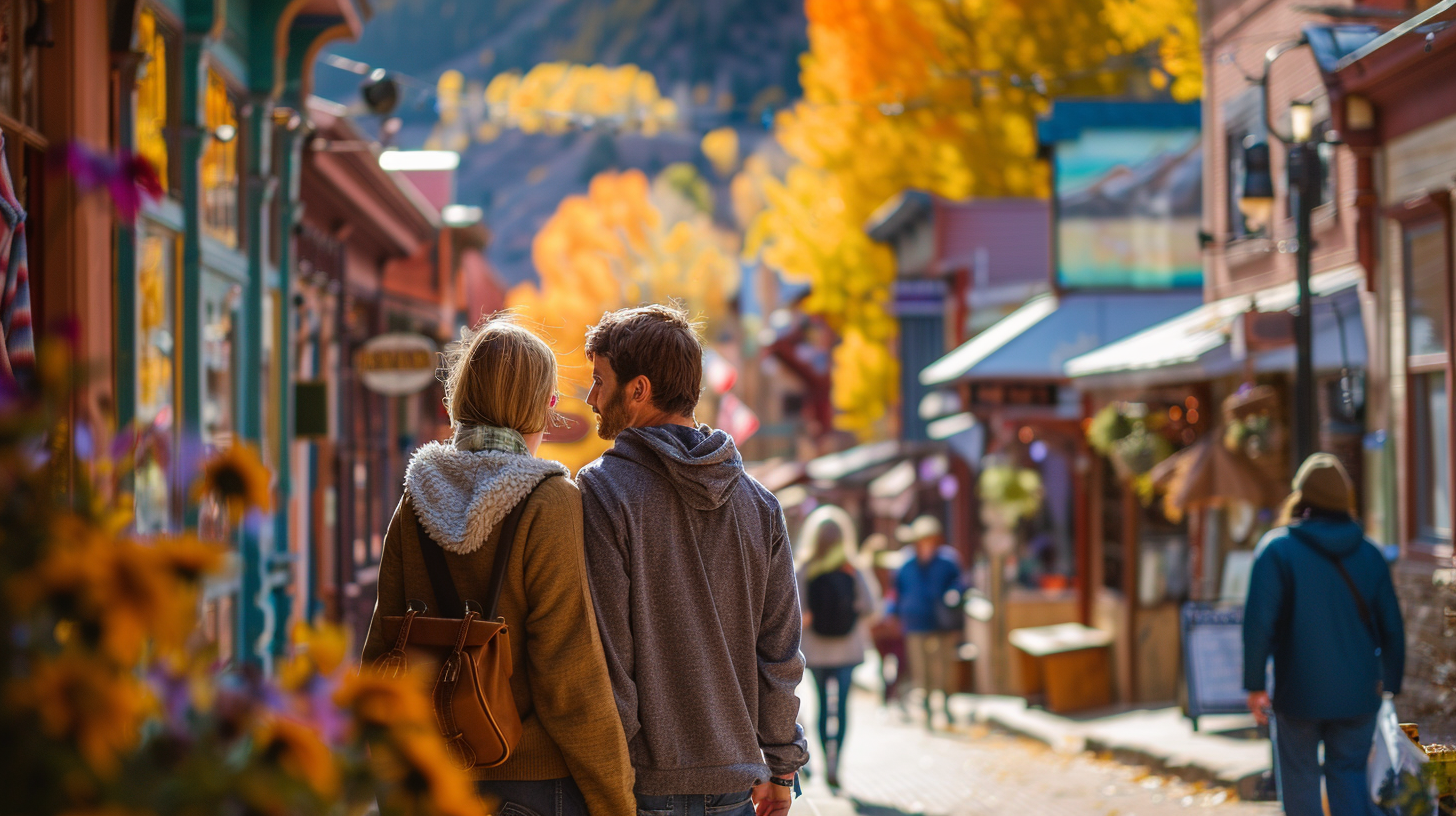 A couple enjoying Telluride's vibrant historic streets and art galleries, Telluride, CO.