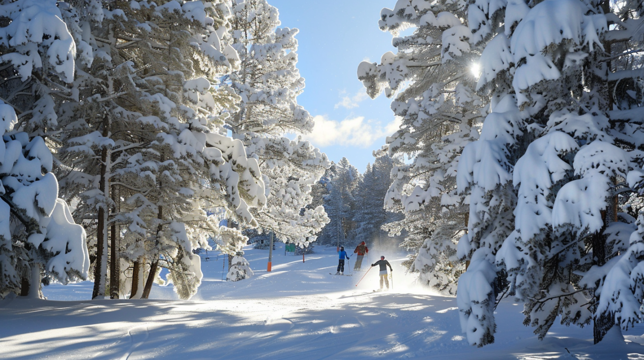 Snow Ridge Ski Resort with skiers on a snowy morning.