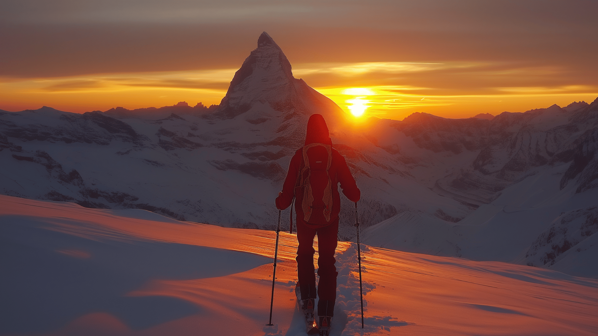Skier ascending at sunset near the Matterhorn one of the highest mountains in Europe