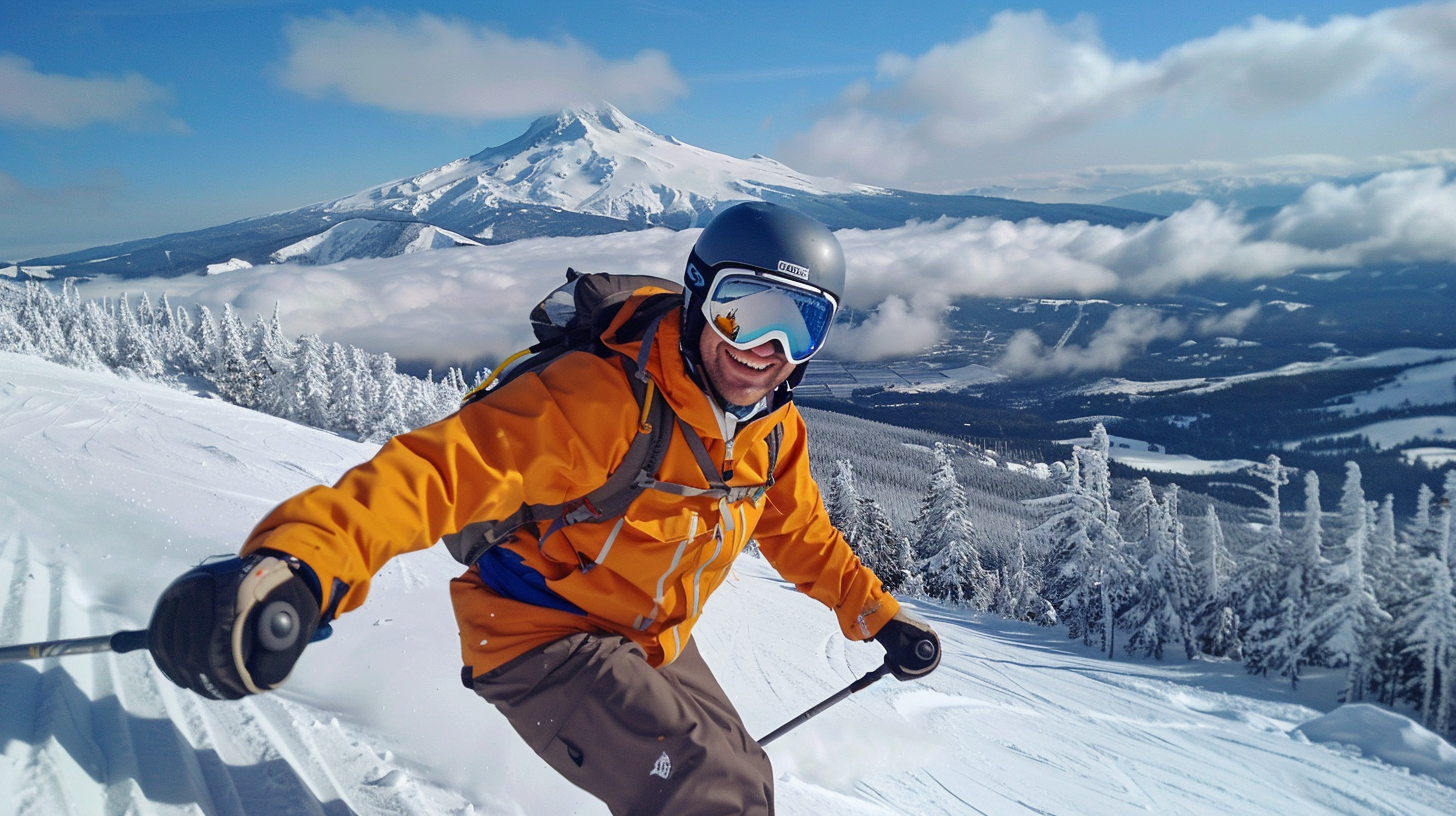 A skier enjoying the slopes at Timberline Ski Resort, with stunning Mount Hood views.