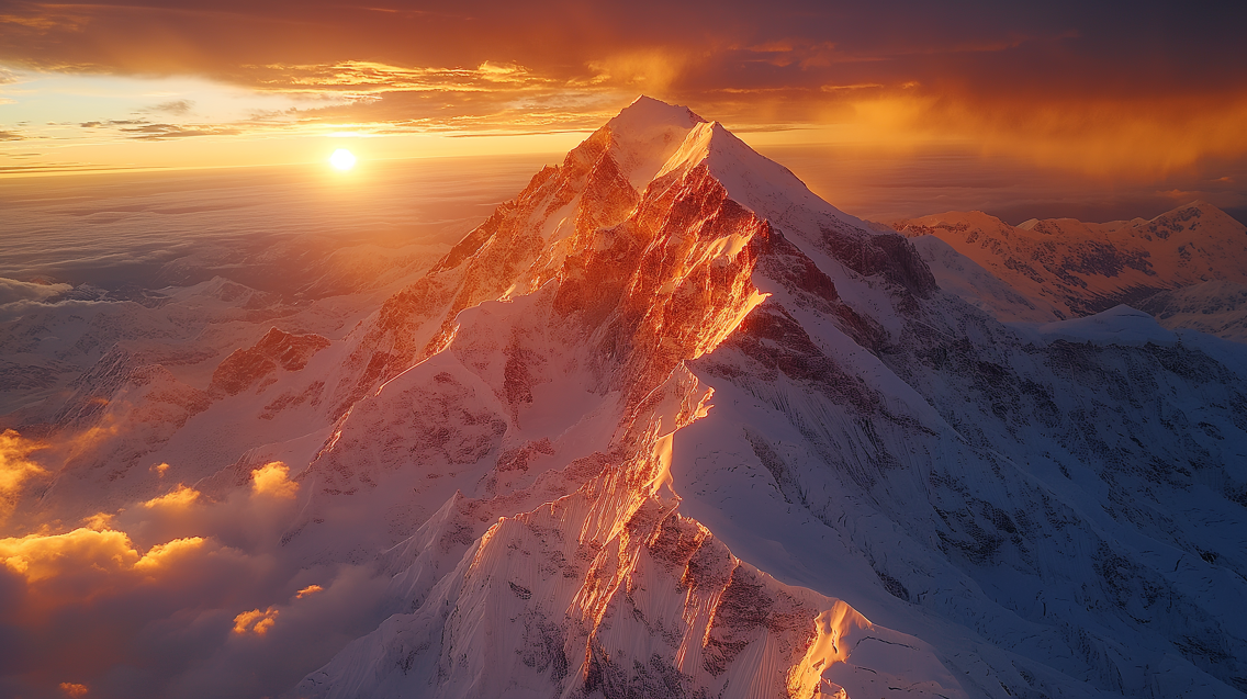 An aerial view of Denali, North America's highest mountain, illuminated by golden sunlight.