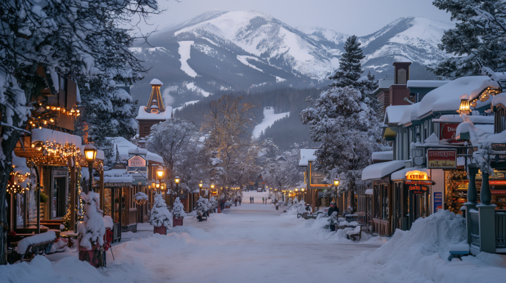 Breckenridge's historic main street lit up with festive lights during winter.