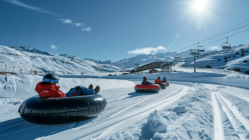 A family enjoying snow tubing at Cardrona Alpine Resort with the Chondola lift in the background.