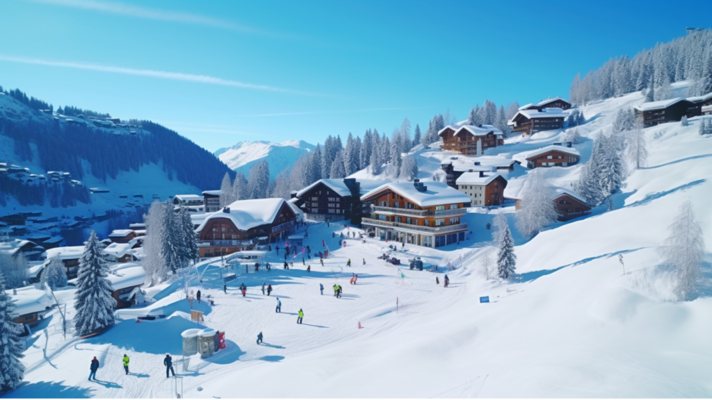 A panoramic view of a ski-in ski-out resort with skiers on snowy slopes, chalets, clear skies, and mountain backdrop