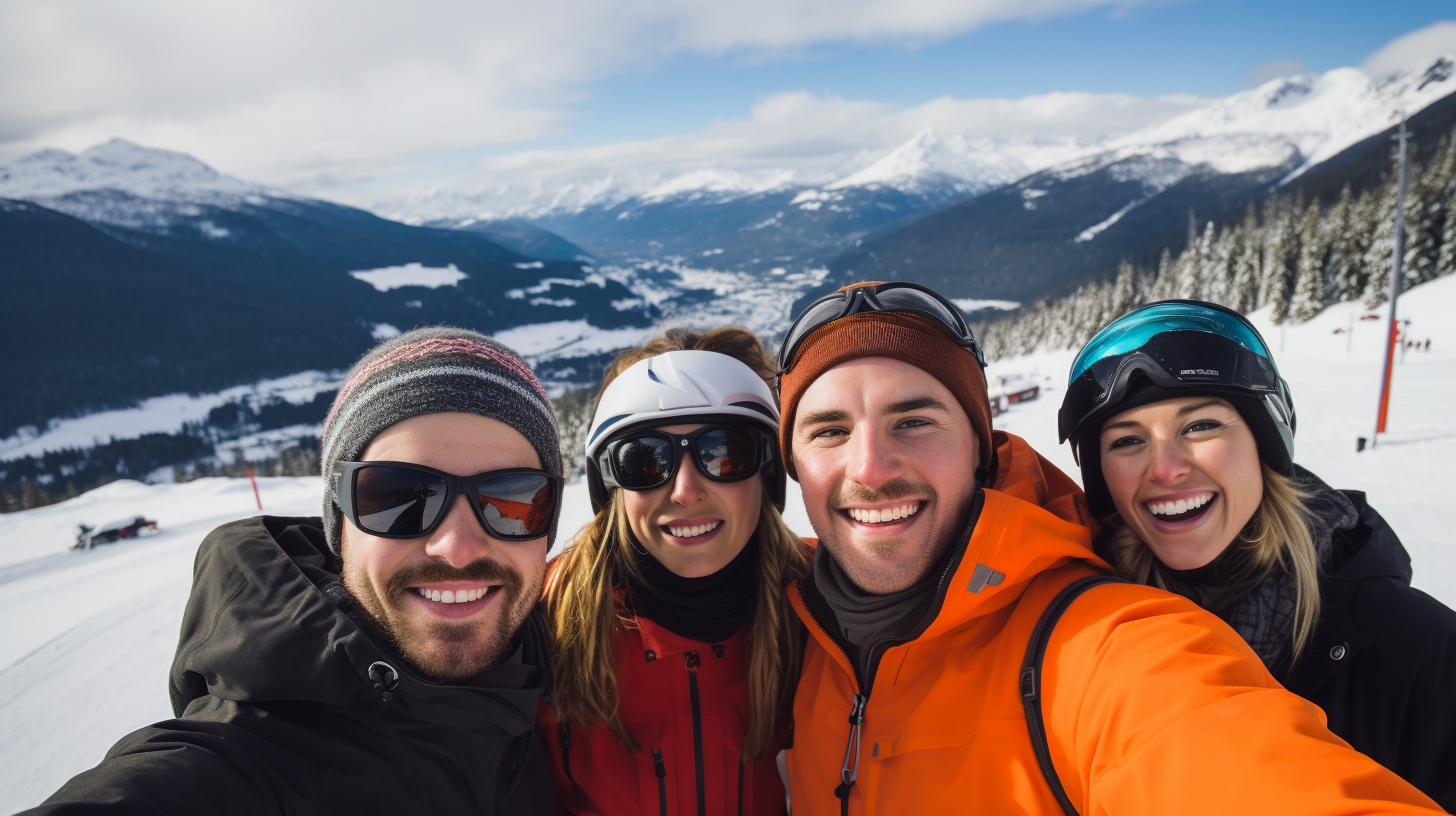Friends posing for the camera after skiing in a resort in Whistler