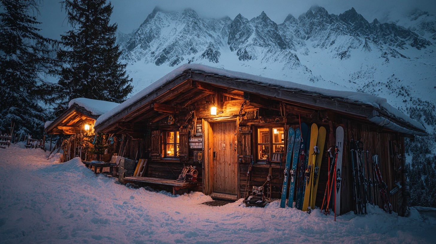 Cozy Swiss Alps ski chalet glowing at night showcasing best deals on ski chalet rentals