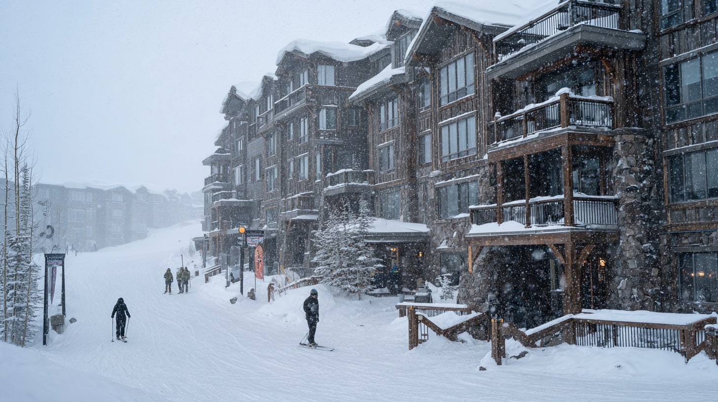 Breckenridge ski-in ski-out condo during snowfall showcasing SunSki's premier condo rentals
